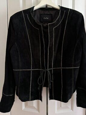 Vintage 100% Suede Leather Women's Jacket, Black with White Stitching, Size XL